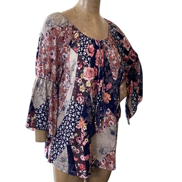 NAIF Tops - Naif Mixed Print Floral Patchwork BOHO Peasant Top Sz L #21M